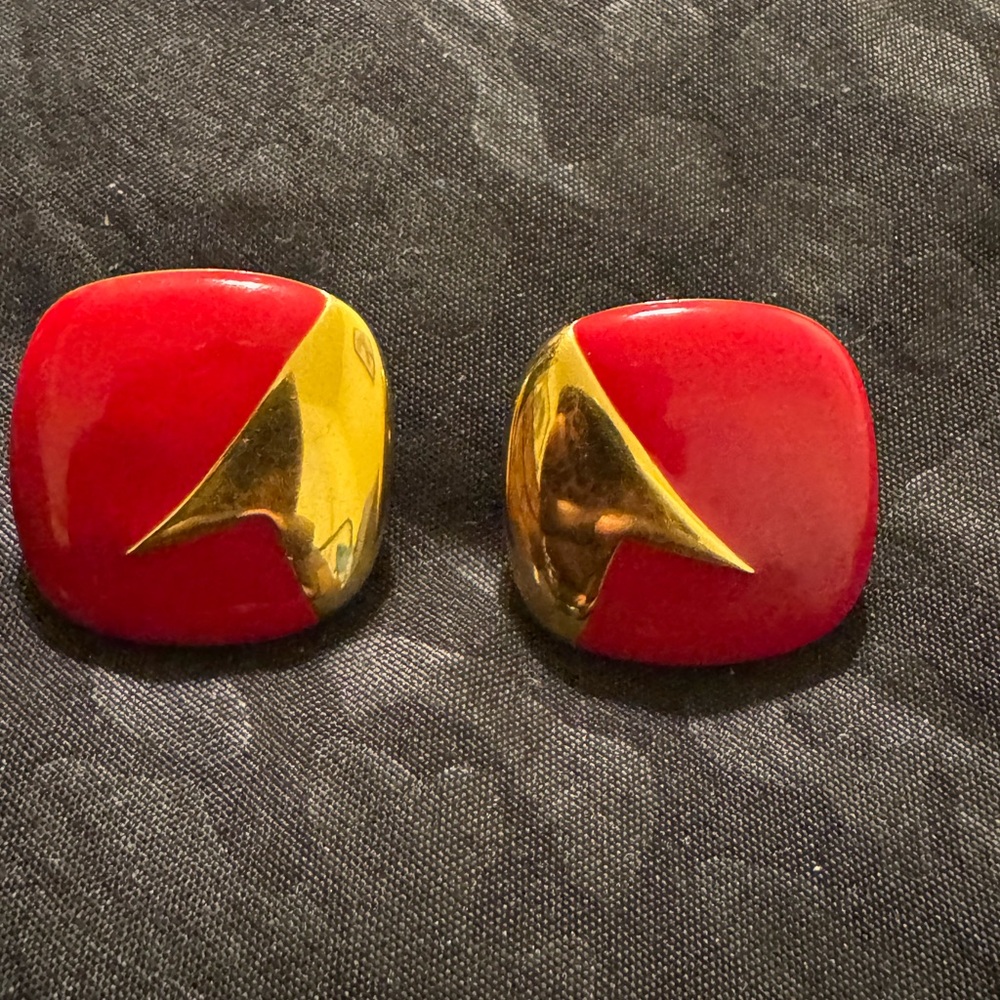 Vintage Style Red and Gold Square Clip on Earrings